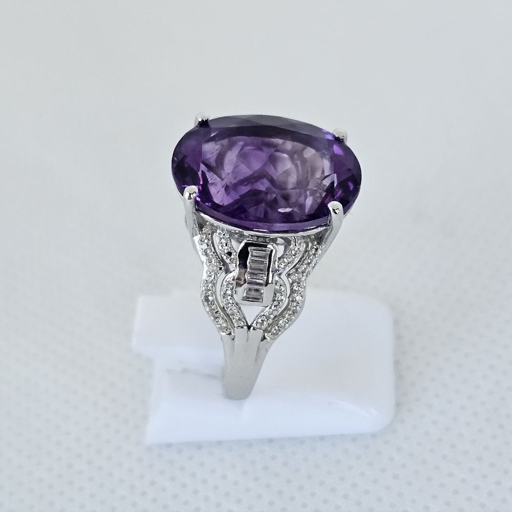 Natural Morrocan Amethyst & White Zircon Ring Sterling Silver Rhodium Sz 7 - Picture 3 of 10
